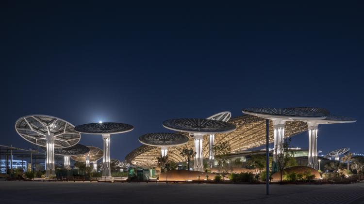 Terra pavilion exterior at night