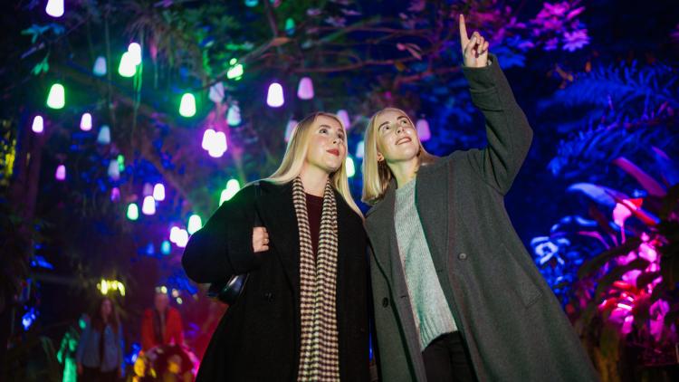 Twin sisters with blonde hair in the Rainforest Biome pointing up at the Christmas lights