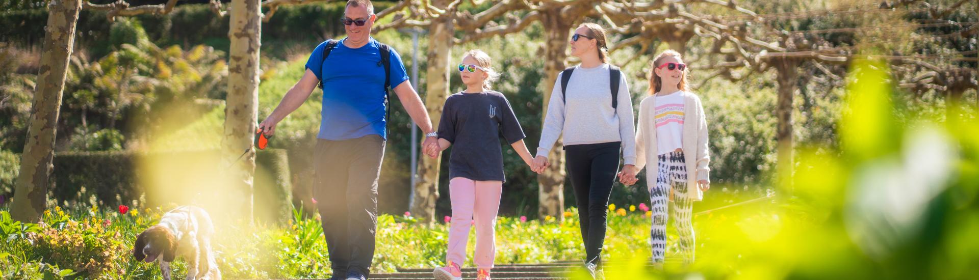 Family walking under trees and down steps