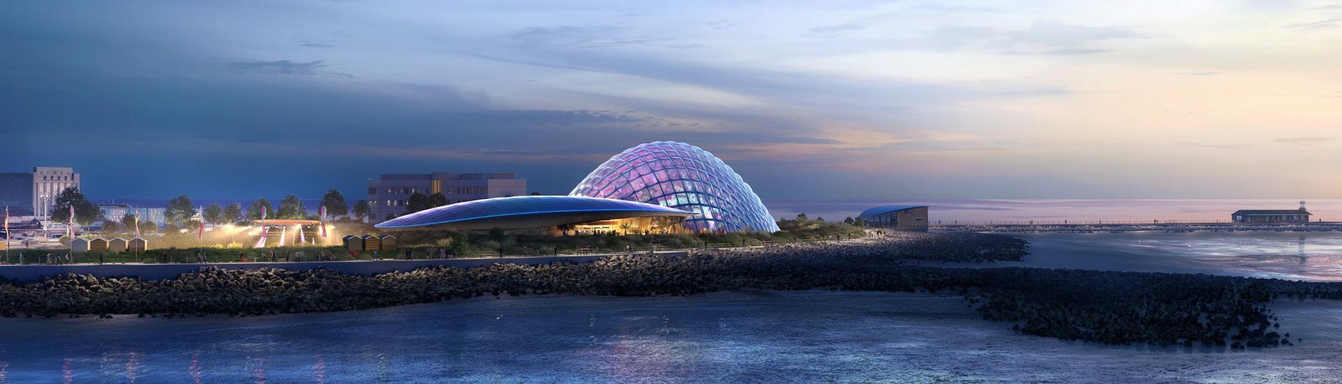 Dusk CGI of Eden Project Morecambe on Morecambe Bay