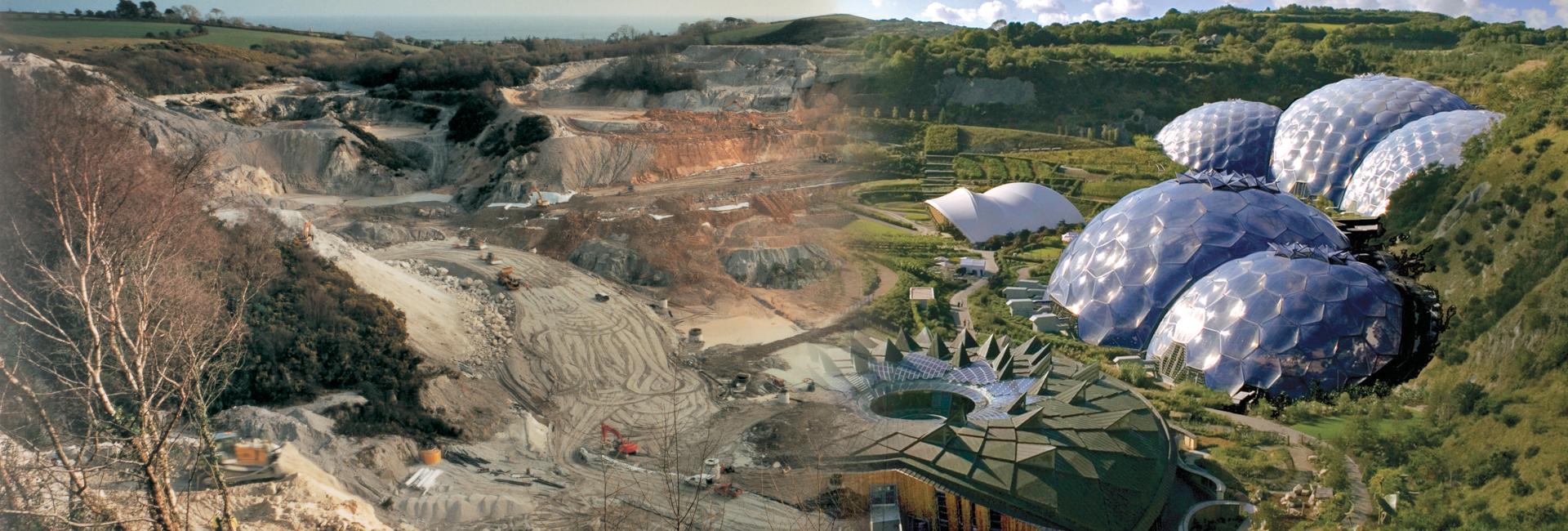 Photo of desolate clay pit merging to Eden Project Biomes, showing the landscape's trasformation